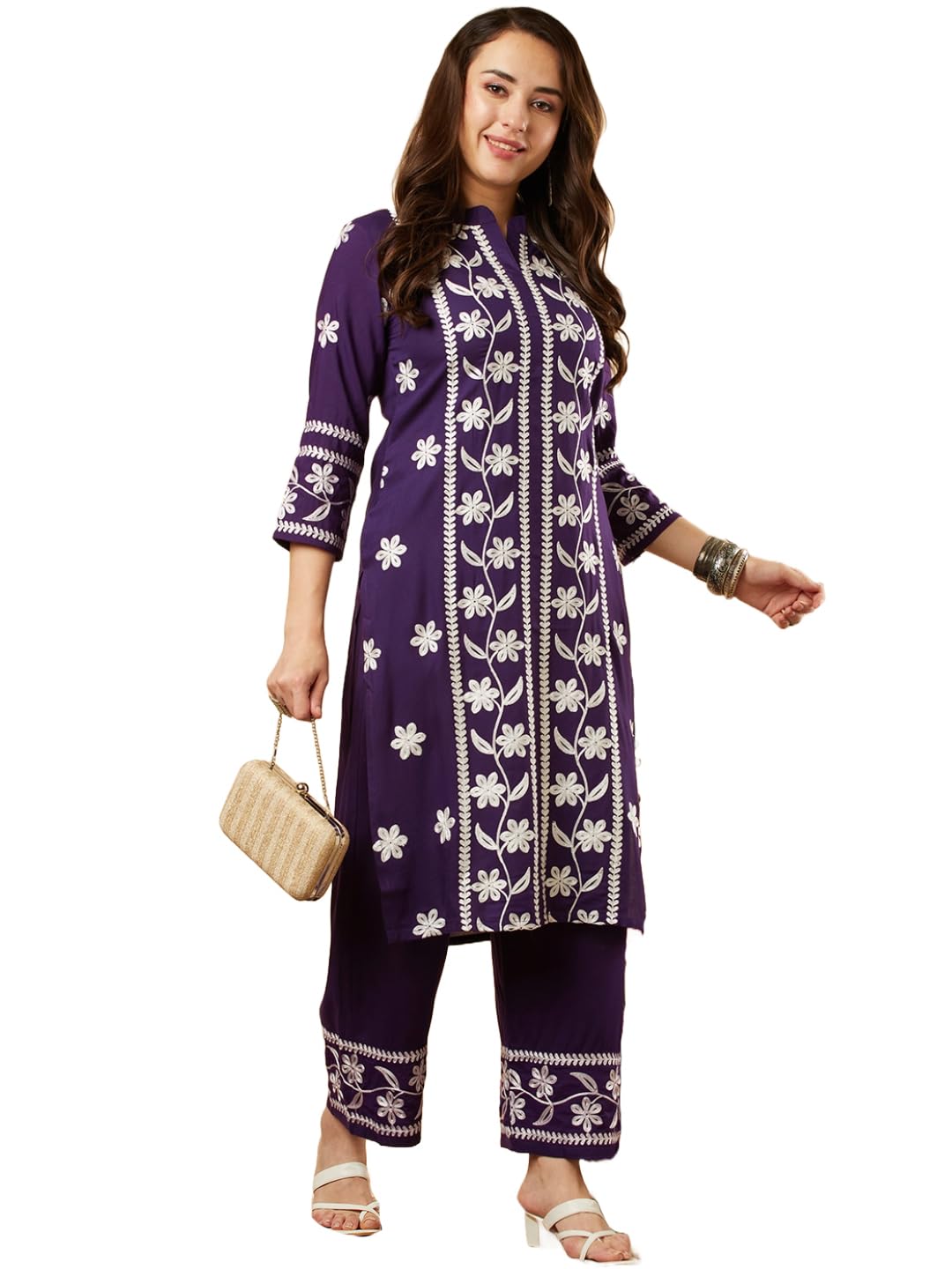Anni Designer Women'S Cotton Blend Straight Chikankari Embroidered Kurta With Palazzo Set (Lko Purple-Nw_Xl_Purple_X-Large),Purple,XL