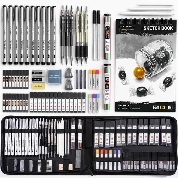 Four Candies 73PCS Advanced Art Supplies Drawing Kit with Fineliner Pens, Mechanical Pencils, 3-Color Sketchbook, Charcoal Stick