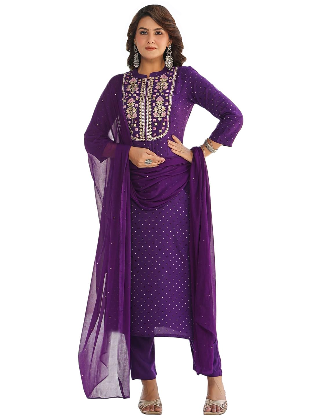 Anni Designer Women'S Cotton Blend Straight Embroidered Kurta With Pant & Dupatta (Raji-Begani-Nkj_5Xl_Purple_Xxxxx-Large),Purple,5XL