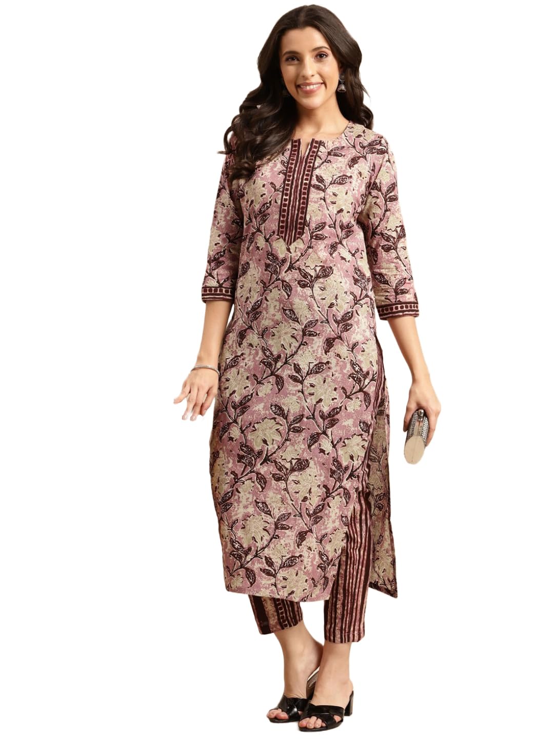 Anni Designer Women'S Cotton Blend Traditional Straight Printed Kurta And Pant Set (Prachi Wine-Nw_S_Wine_Small),Wine,S