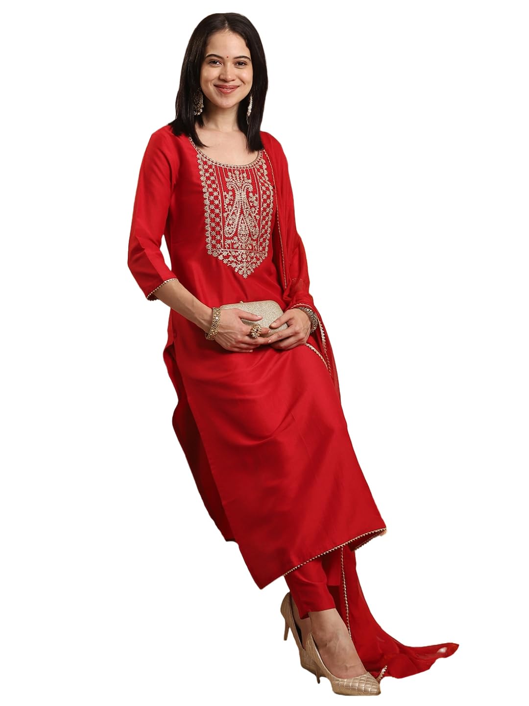 Anni Designer Women'S Rayon Blend Straight Embroidered Kurta With Pant & Dupatta (Sharbati Red_S_Red_Small),Red,S,,,