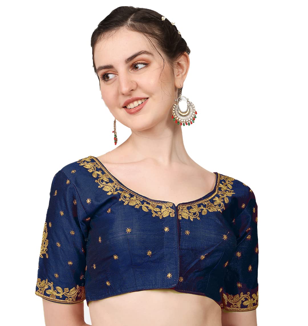 Vihu Fashion Women's Multicolour Phantom Silk Heavy Embroidery Half Sleeve Readymade Saree Blouse for Lehenga Choli (Navy Blue, 