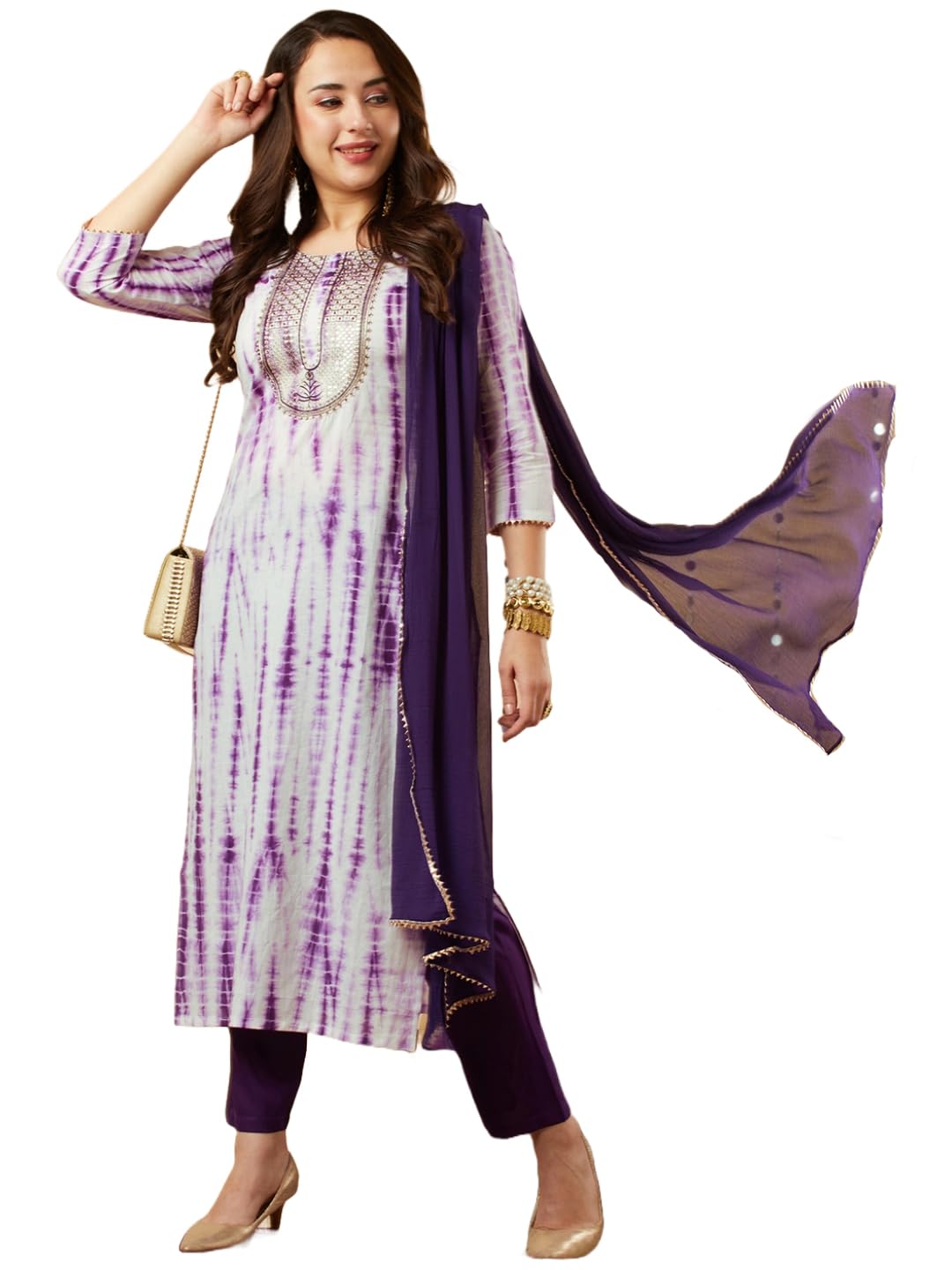 Anni Designer Women'S Cotton Blend Straight Printed Kurta With Pant & Dupatta (Tiedye-Begani_L_Violet_Large),Violet,L