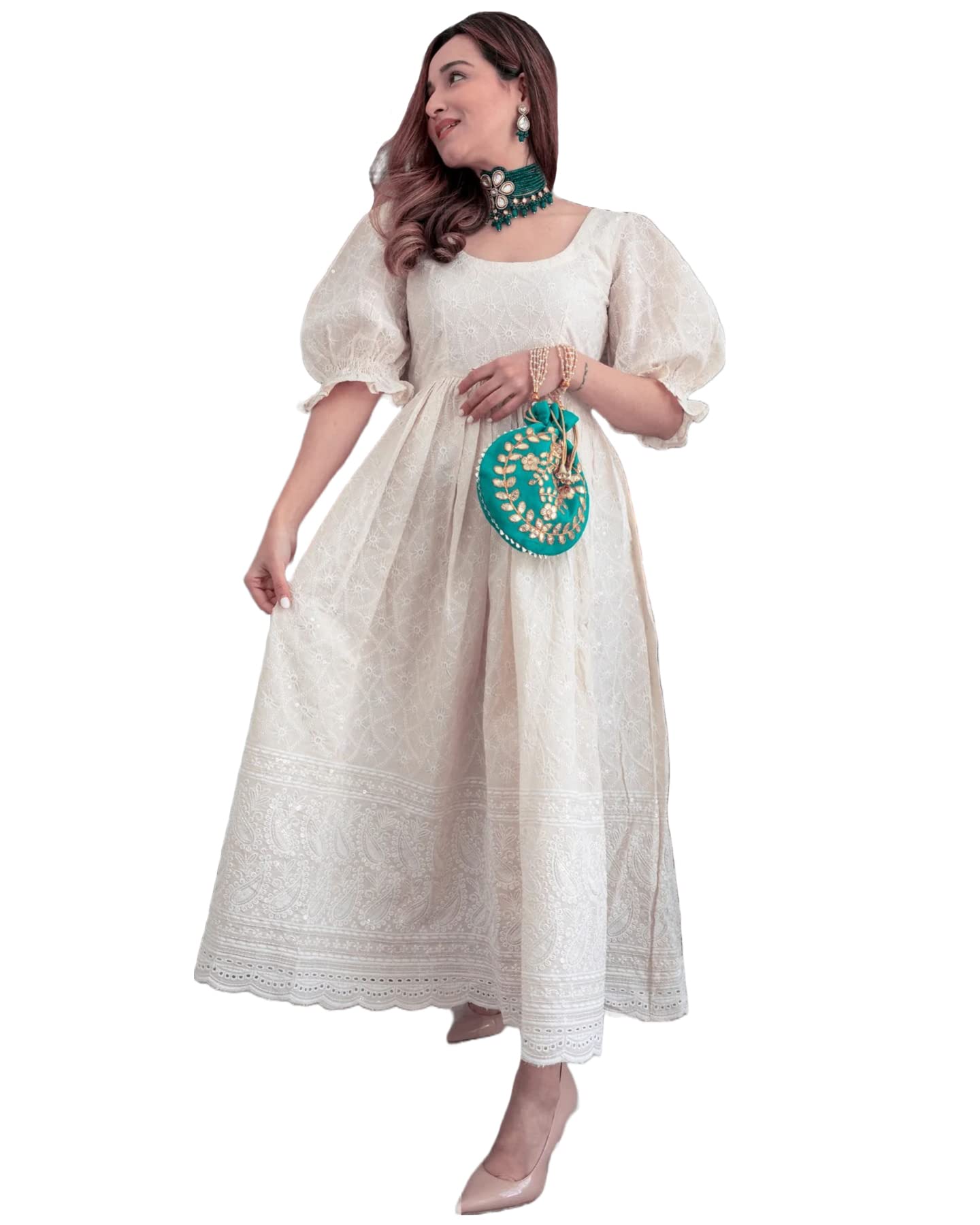 Anni Designer Women'S Pure Cotton Chikankari Embroidered Anarkali Kurta (Shring Cream_L_Cream_Large),Cream,L