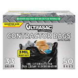 Ultrasac Contractor Trash Bags (50 Pack/w Ties) Heavy Duty 3 MIL Thick, 39 x 32, Shorter 33 Gallon Black Version for Ind