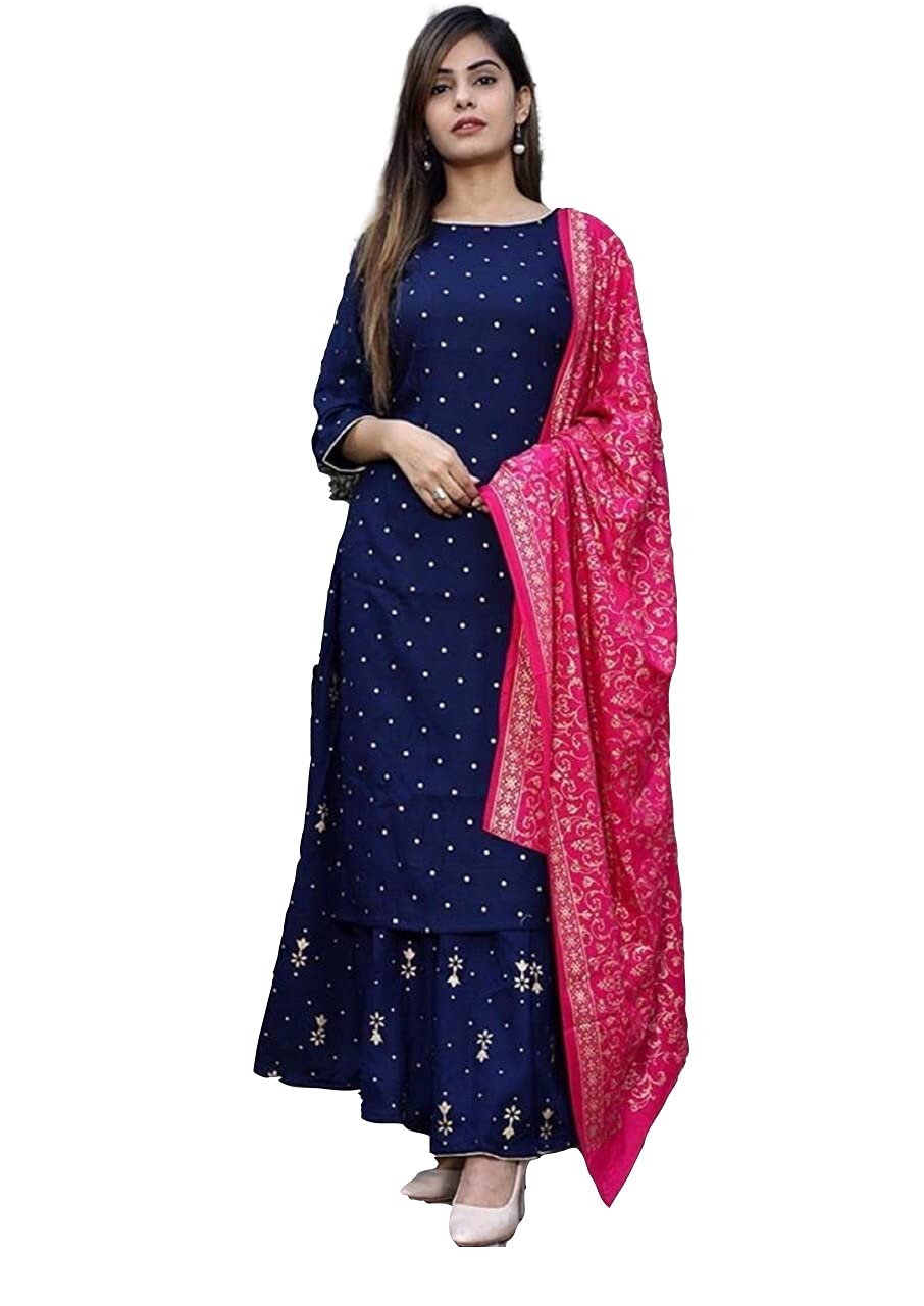 Gosriki Women'S Ruby Cotton Foil Printed Straight Kurta With Palazzo & Dupatta (Kashmiri-Blue_Xxl_Dark Blue_Xx-Large),Dark Blue,2,B097D8ZXBP