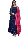 Gosriki Women'S Ruby Cotton Foil Printed Straight Kurta With Palazzo & Dupatta (Kashmiri-Blue_Xxl_Dark Blue_Xx-Large),Dark Blue,2,B097D8ZXBP