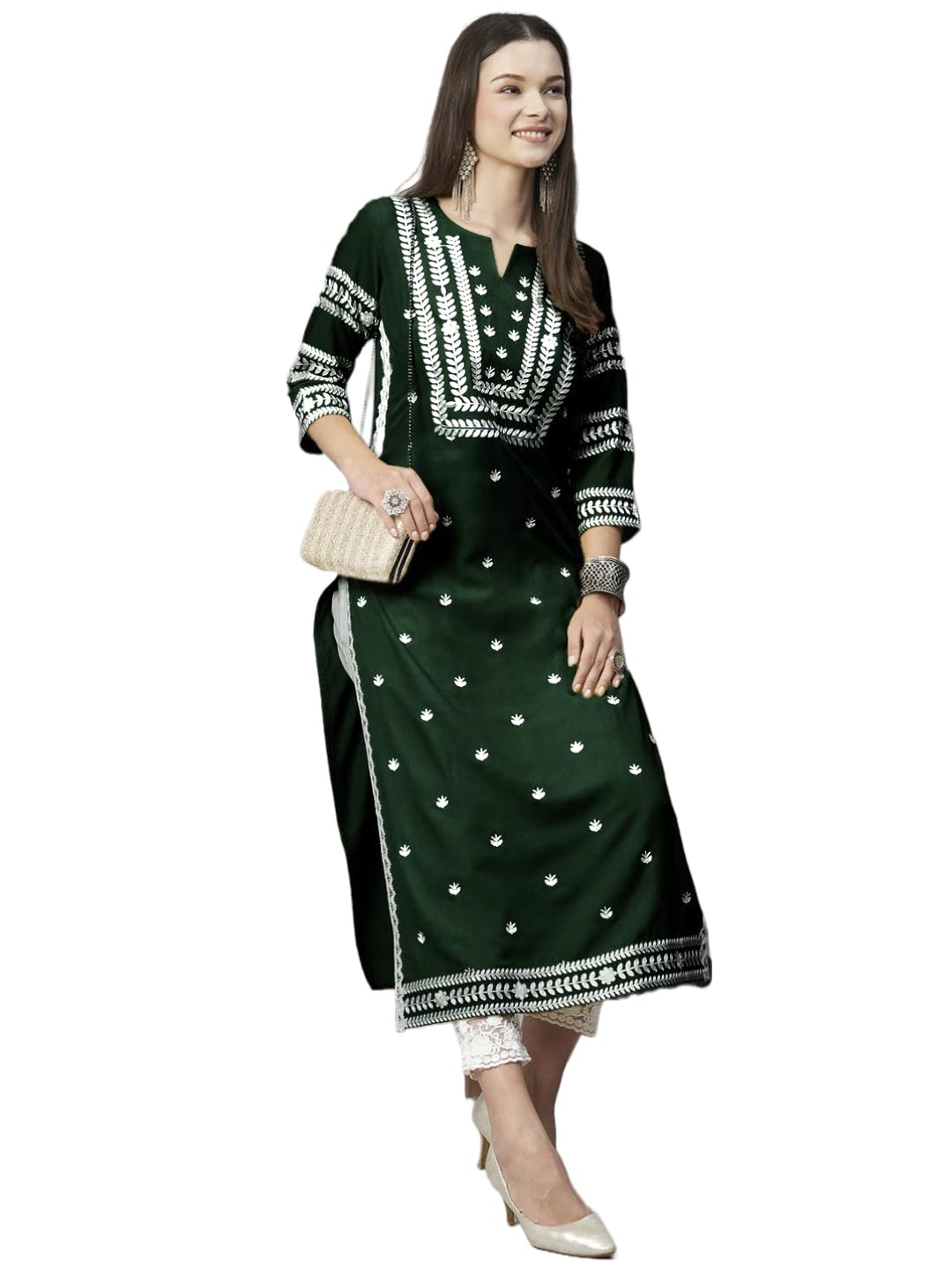 Anni Designer Women'S Cotton Blend Chikankari Embroidered Straight Kurta (Stho-Dark Green-Nw_L_Dark Green_Large),Dark Green,L