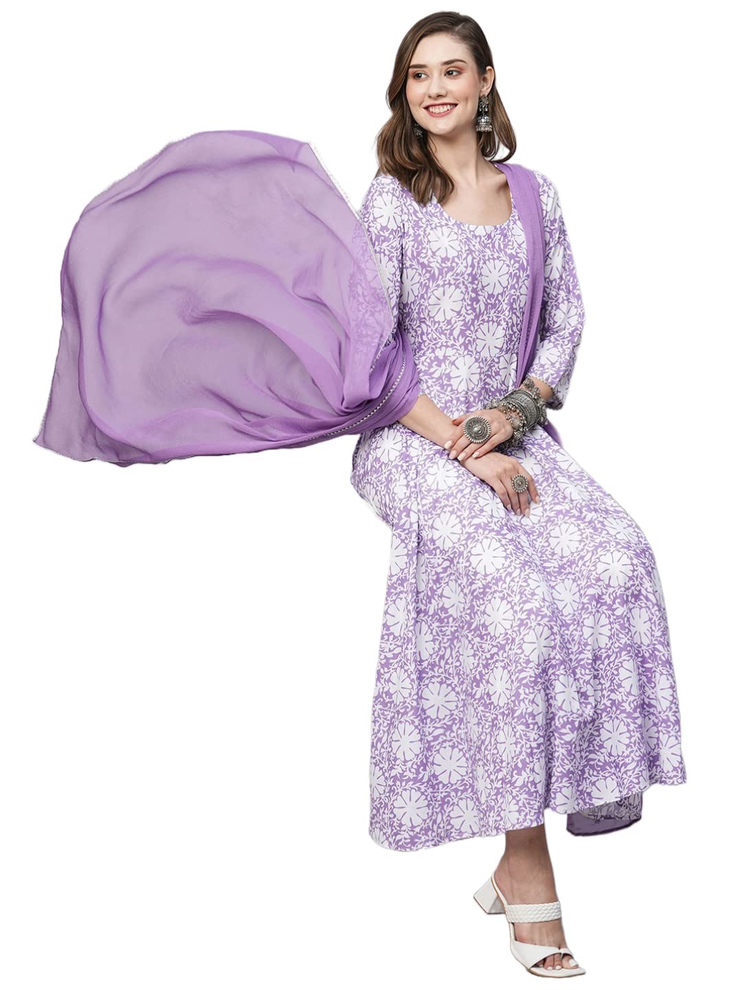 Anni Designer Women'S Cotton Blend Anarkali Printed Kurta With Pant & Dupatta (Amig-Purple_S_Purple_Small),Purple,S,,,