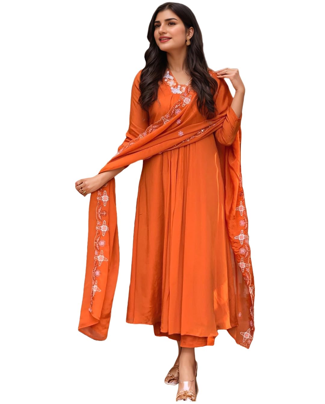 Anni Designer Women'S Rayon Viscose Anarkali Thread Work Kurta With Pant & Dupatta (Ashvthama Orange-Vks02_3Xl_Orange_Xxx-Large),Orange,3XL,,,