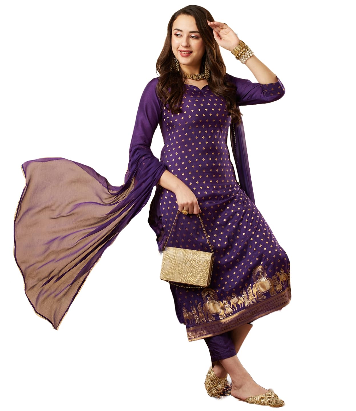 Anni Designer Women'S Cotton Blend Floral Straight Kurta With Pant & Dupatta (Zaklina Purple-Nw Medium),Purple,M