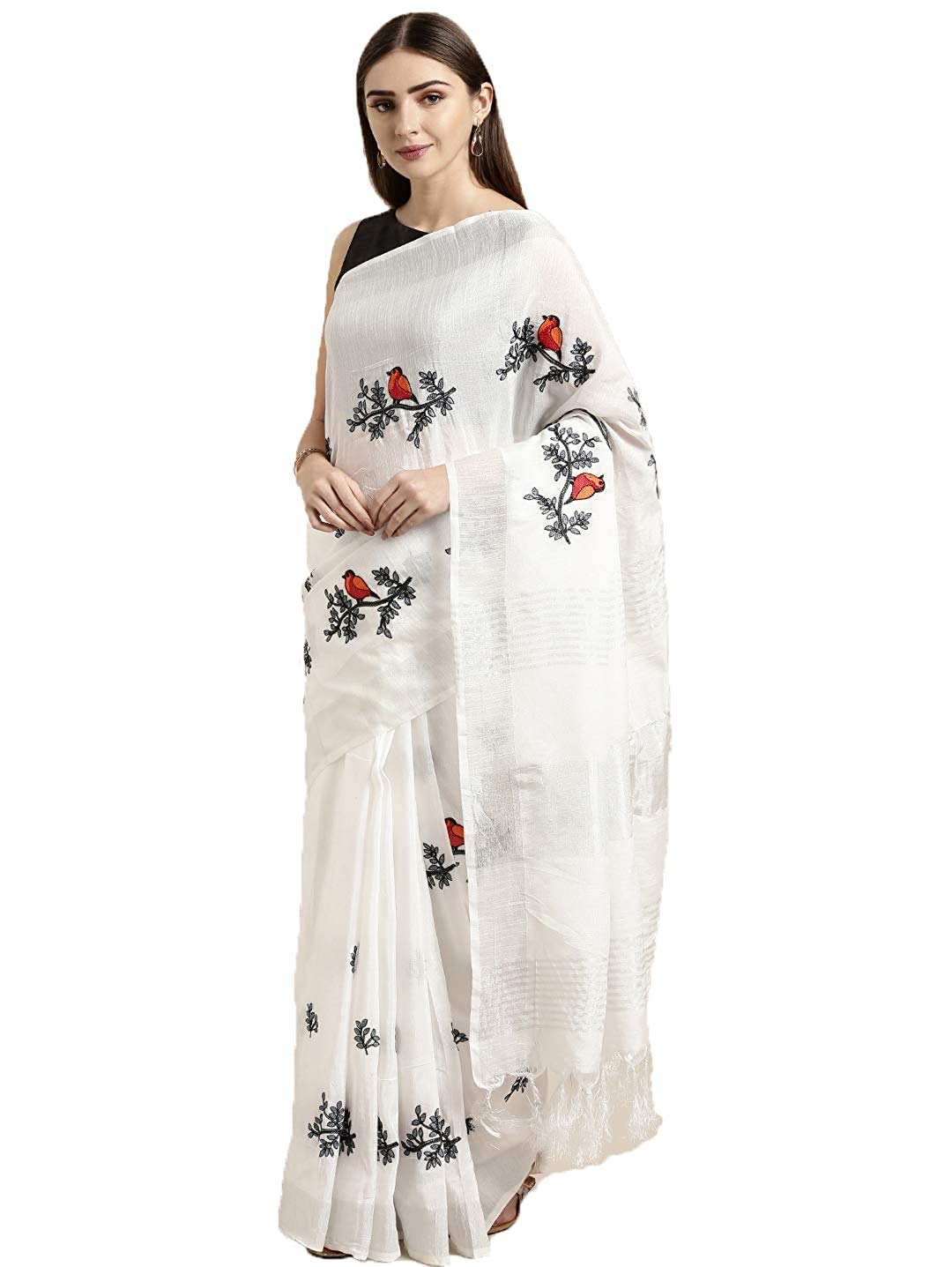 Anni Designer Women'S Woven Linen Saree (Beyhadh_White),White,Free