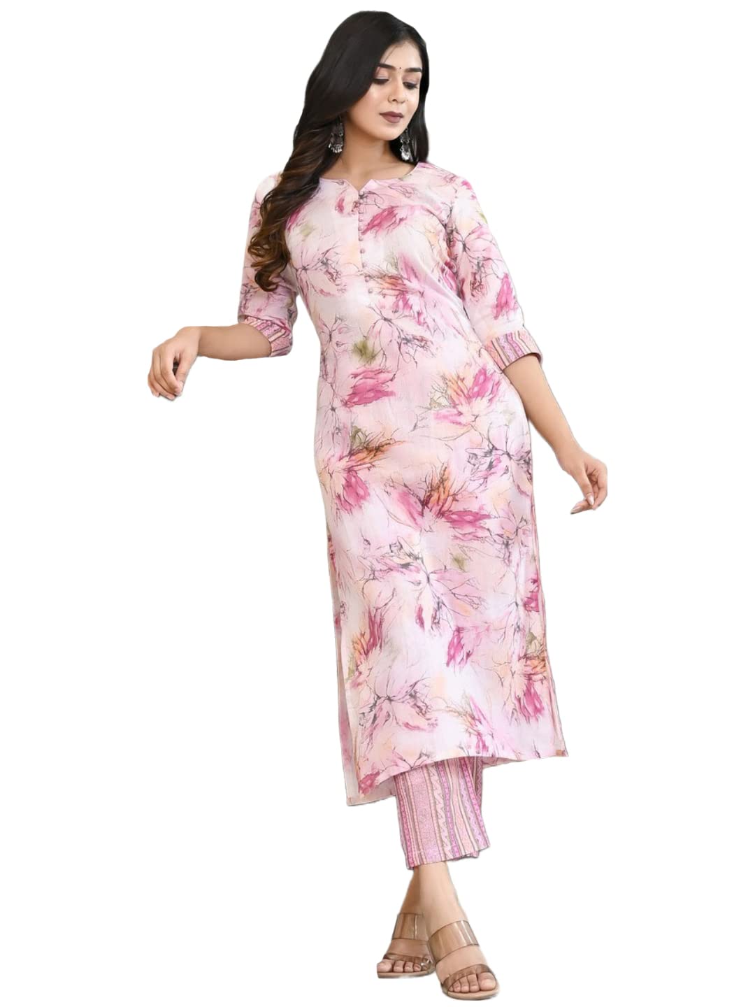 Gosriki Women'S Cotton Blend Printed Straight Kurta With Pant (Ps-Pink-Cmd-Gs_M_Pink_Medium),Pink,,B0C6GZPGRQ
