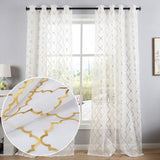 Kotile White Sheer Curtains Gold Foil Print Moroccan Tile Lattice Design 63 Inches - Grommet White Window Panels for Girls Room,