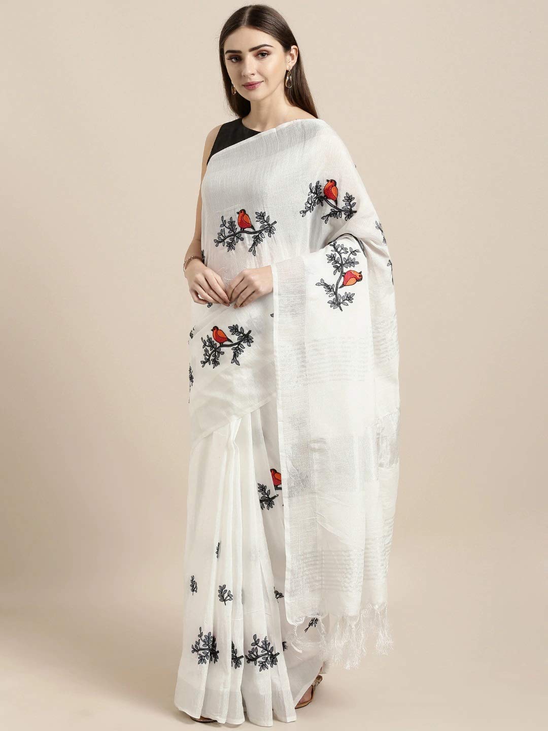 Anni Designer Women'S Woven Linen Saree (Beyhadh_White),White,Free,Linen,ready to wear,Saree