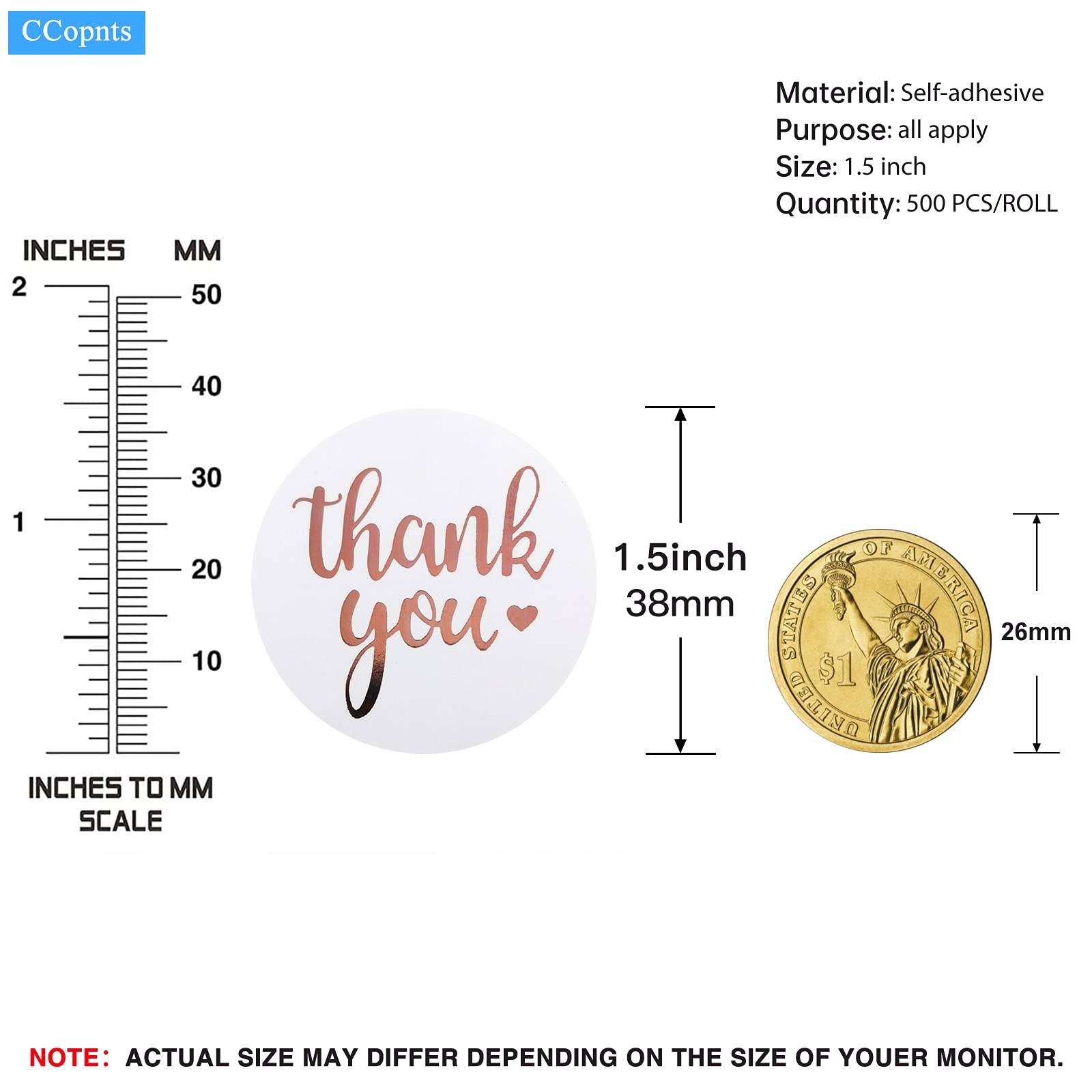 1.5 Inch Thank You Stickers Roll, 500 Pcs Rose Gold Thank You Stickers Lables for Baking Packaging,Envelope Seals, Small Busines