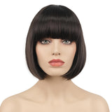 Lydell 8 Straight Short Bob Hair Flat Bangs Cute Central Dot Skin Top Heat Resistant Synthetic Wigs (Chestnut Brown with a littl