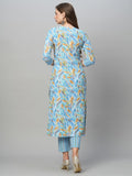 Gosriki Women'S Cotton Blend Floral Straight Kurta With Pant (Pahal-Gs_Blue_L),Blue,,B0CGD84ZPH