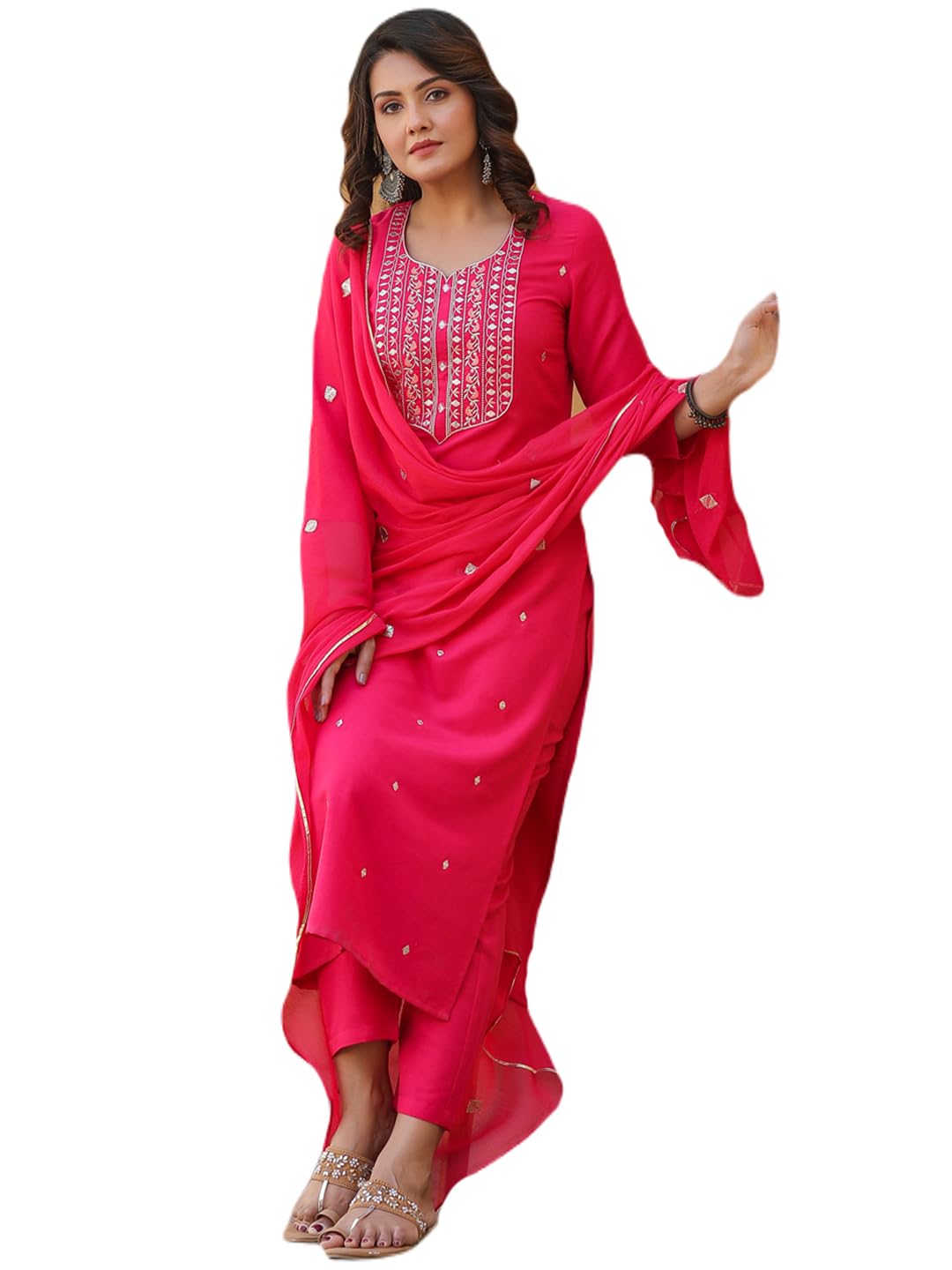 Gosriki Women'S Rayon Blend Embroidered Straight Kurta With Pant & Dupatta (Kasturi Pink-Nw-Gs_5Xl_Pink_Xxxxx-Large),Pink,5,B0CYH9M2YJ