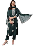 Anni Designer Women'S Cotton Blend Straight Embroidered Kurta With Pant & Dupatta (Tistha Green_L_Green_Large),Green,L