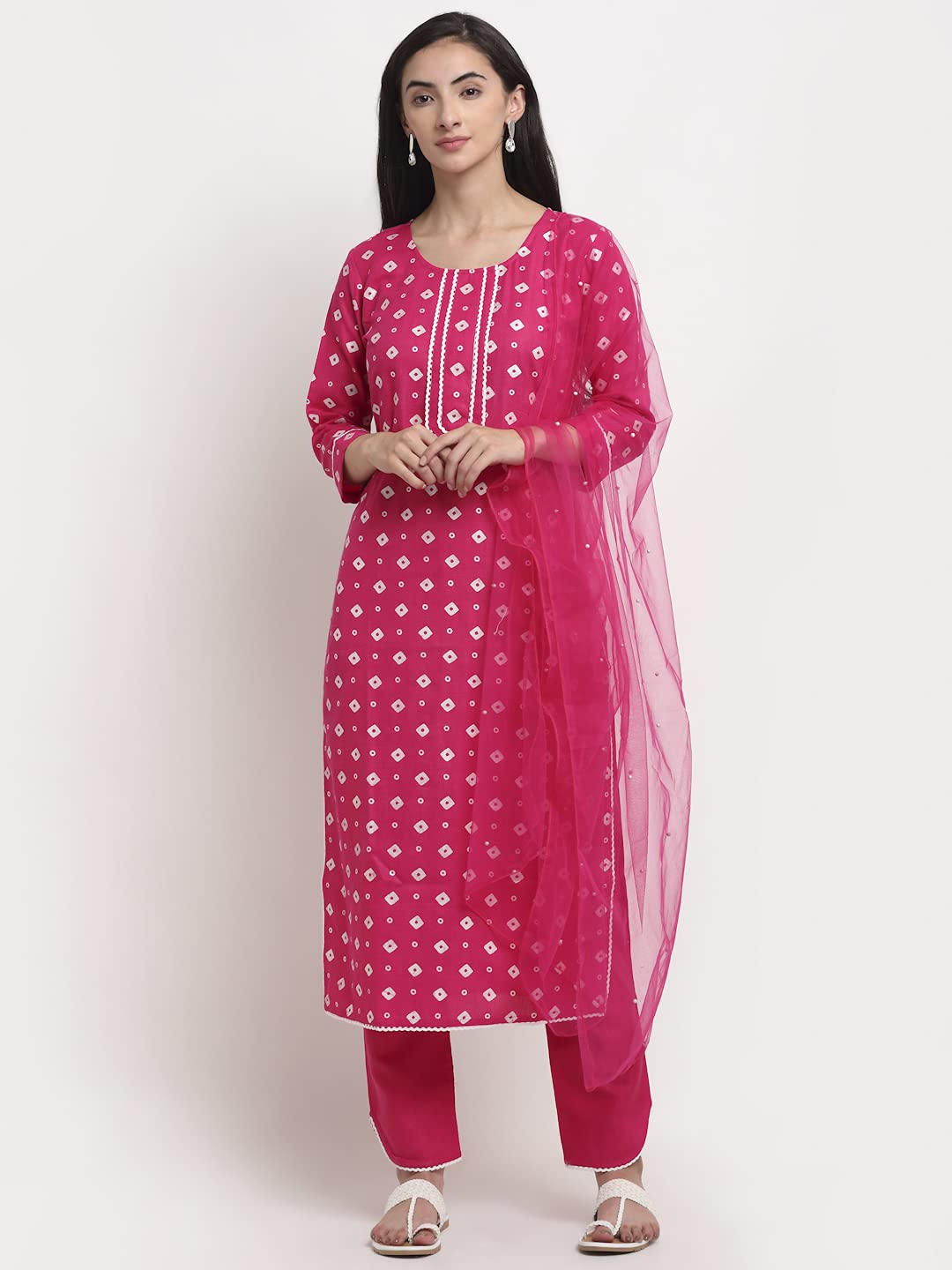 Anni Designer Women'S Cotton Straight Kurta With Pant & Dupatta (Sona Pink_M_Pink_Medium),Pink,M,Cotton Blend,Straight,