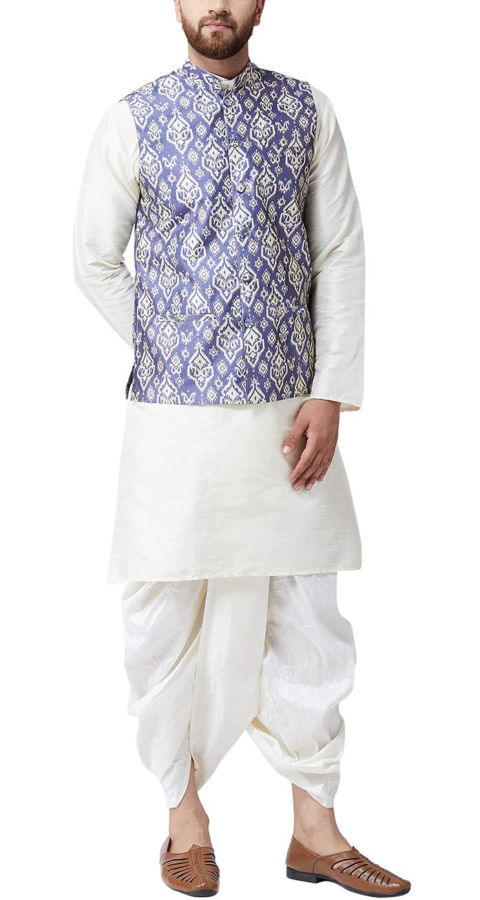 Sojanya (Since 1958, Mens Silk Blend Cream Kurta Dhoti & Blue Nehru Jacket Combo, Size: Xxl