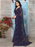 Satrani Womens Georgette Foil Printed & Lace Saree With Unstitched Blouse Piece (3184S2270Na_Navy Blue4)