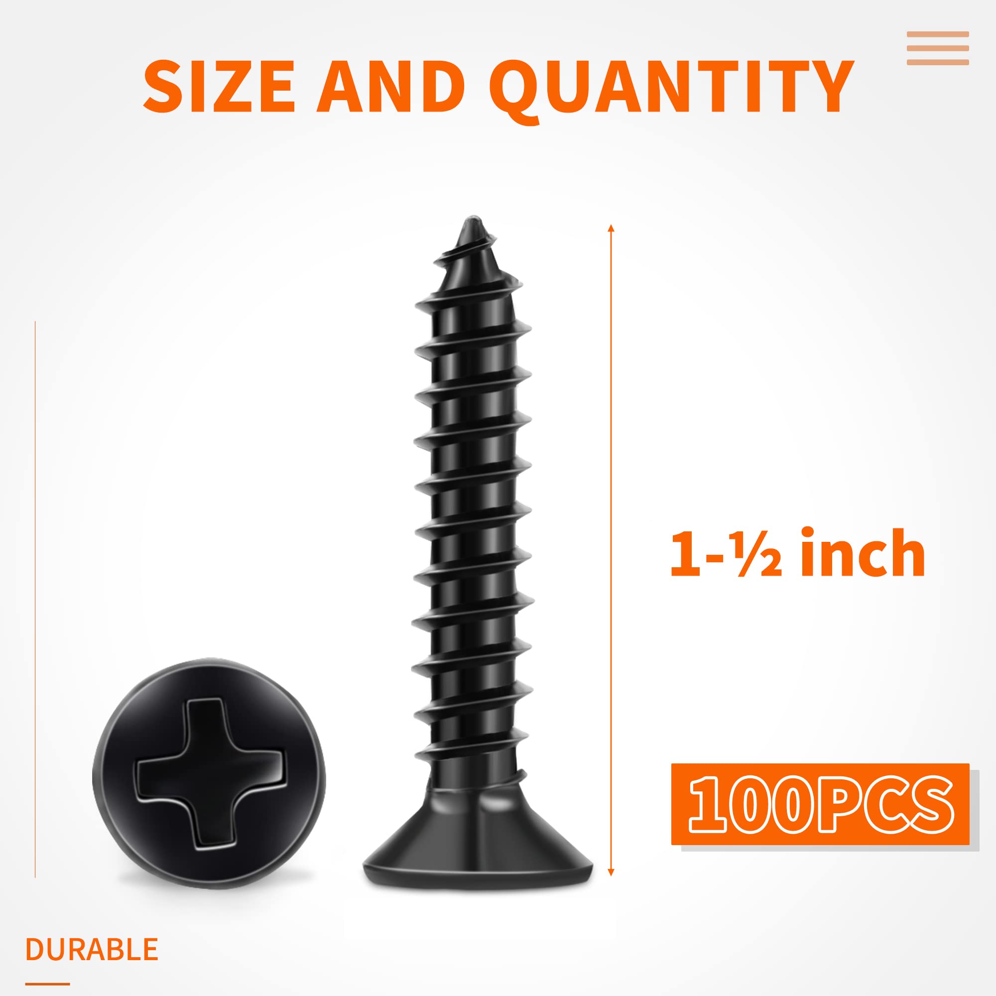 100 PCS #8 X 1-1/2 inch Black Oxide Coated Flat Head Phillips Wood Screws, Stainless Steel 18-8 (A2) Fully Threaded 8 X 1-1/2''