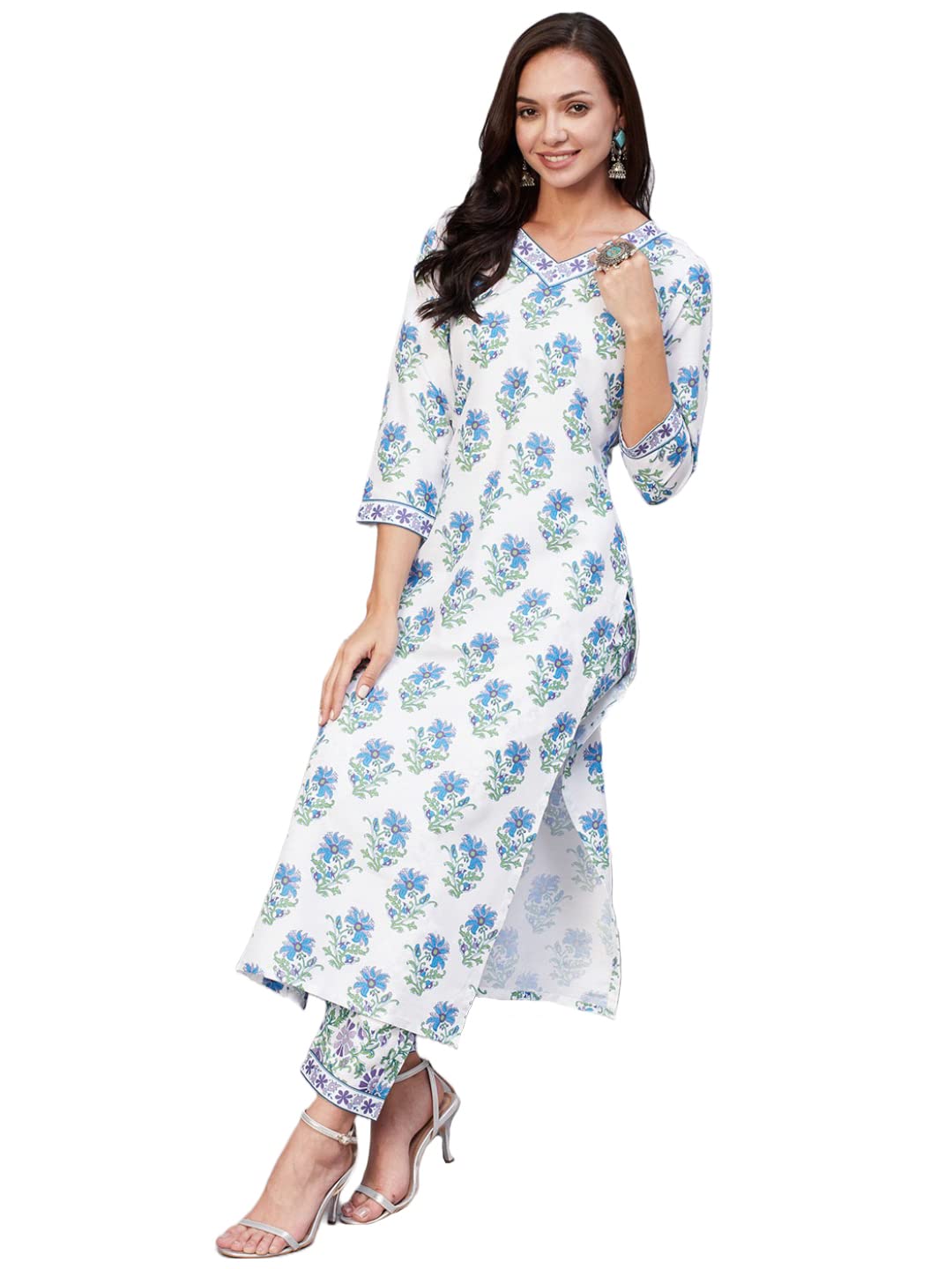 Anni Designer Women'S Cotton Blend Printed Straight Kurta With Pant (Dhara White-Gnw_S_White_Small),White,S