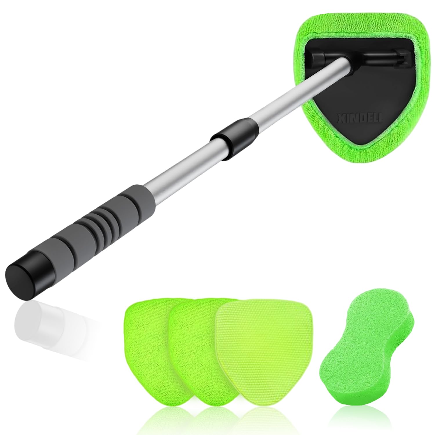XINDELL 29-inch Windshield Cleaner Tool - Car Interior Cleaning Brush Kit with Extendable Handle, 4 Microfiber Towel Pads, Auto 