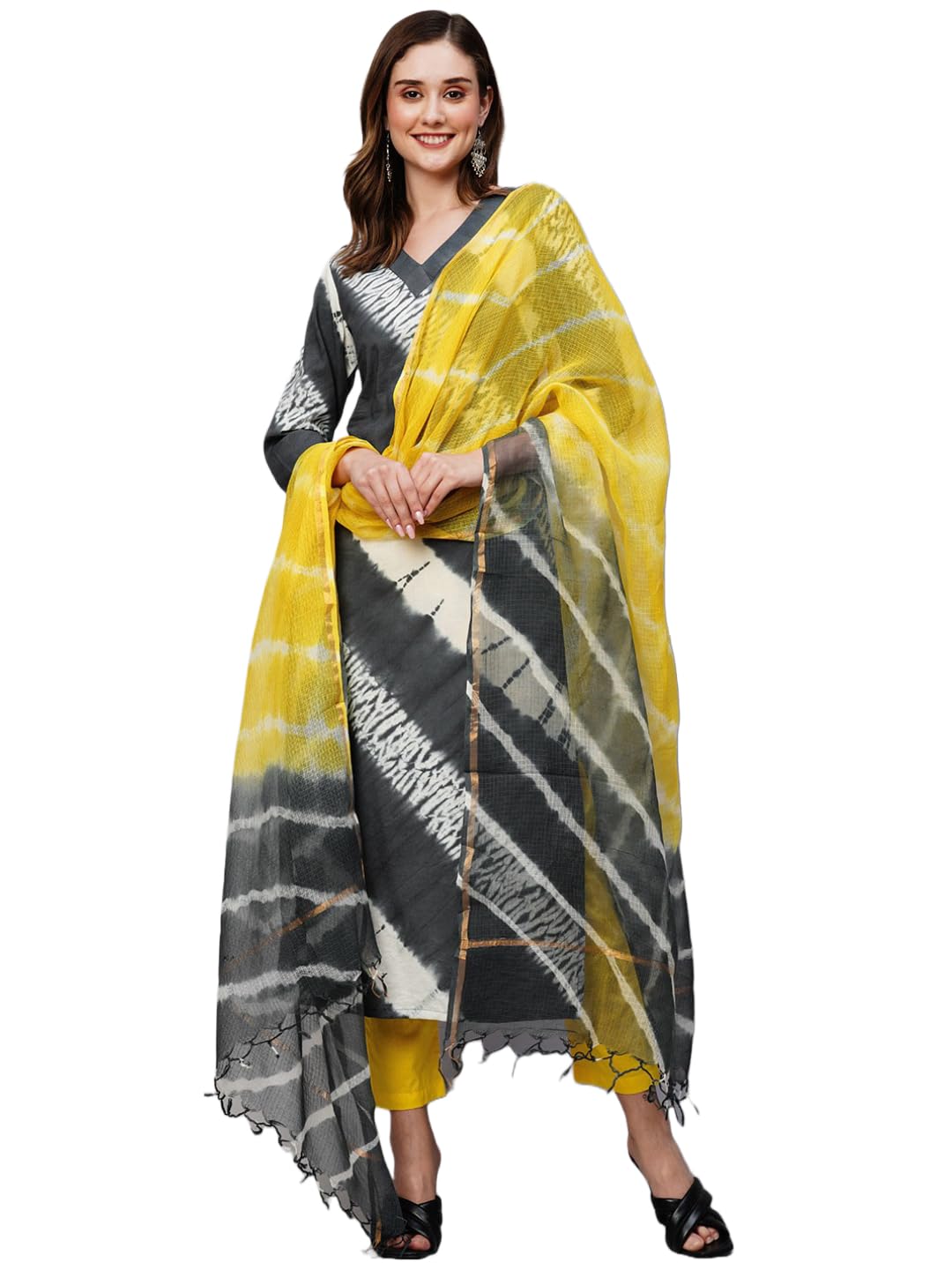 Anni Designer Women'S Cotton Blend Straight Printed Kurta With Pant & Dupatta (Bali Grey-Nw_S_Grey_Small),Grey,S