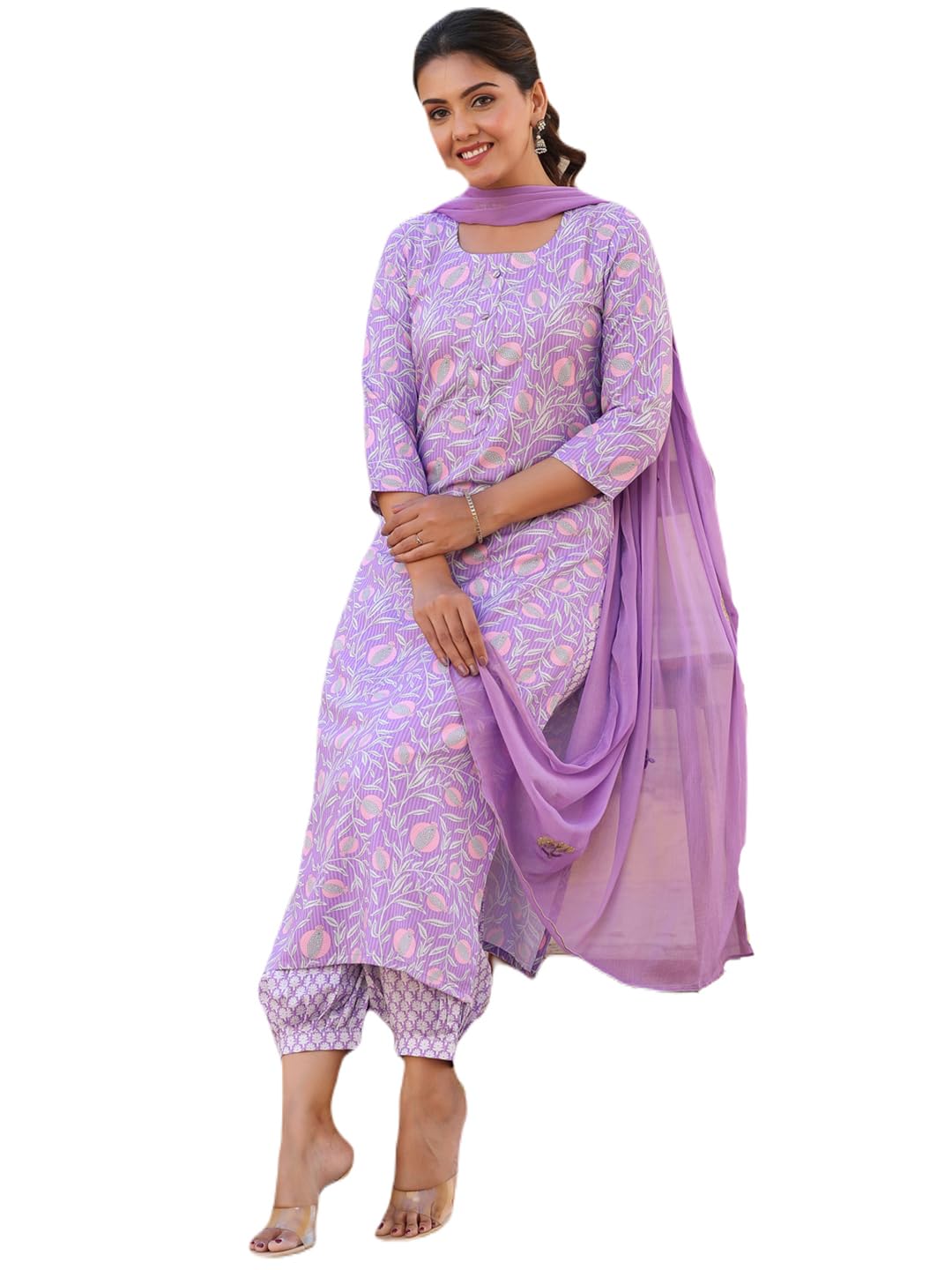 Gosriki Women'S Rayon Blend Printed Straight Kurta With Pant & Dupatta (Welco-Purple-Nw-Gs_L_Purple_Large),Purple,,B0CYGK8Y9Y