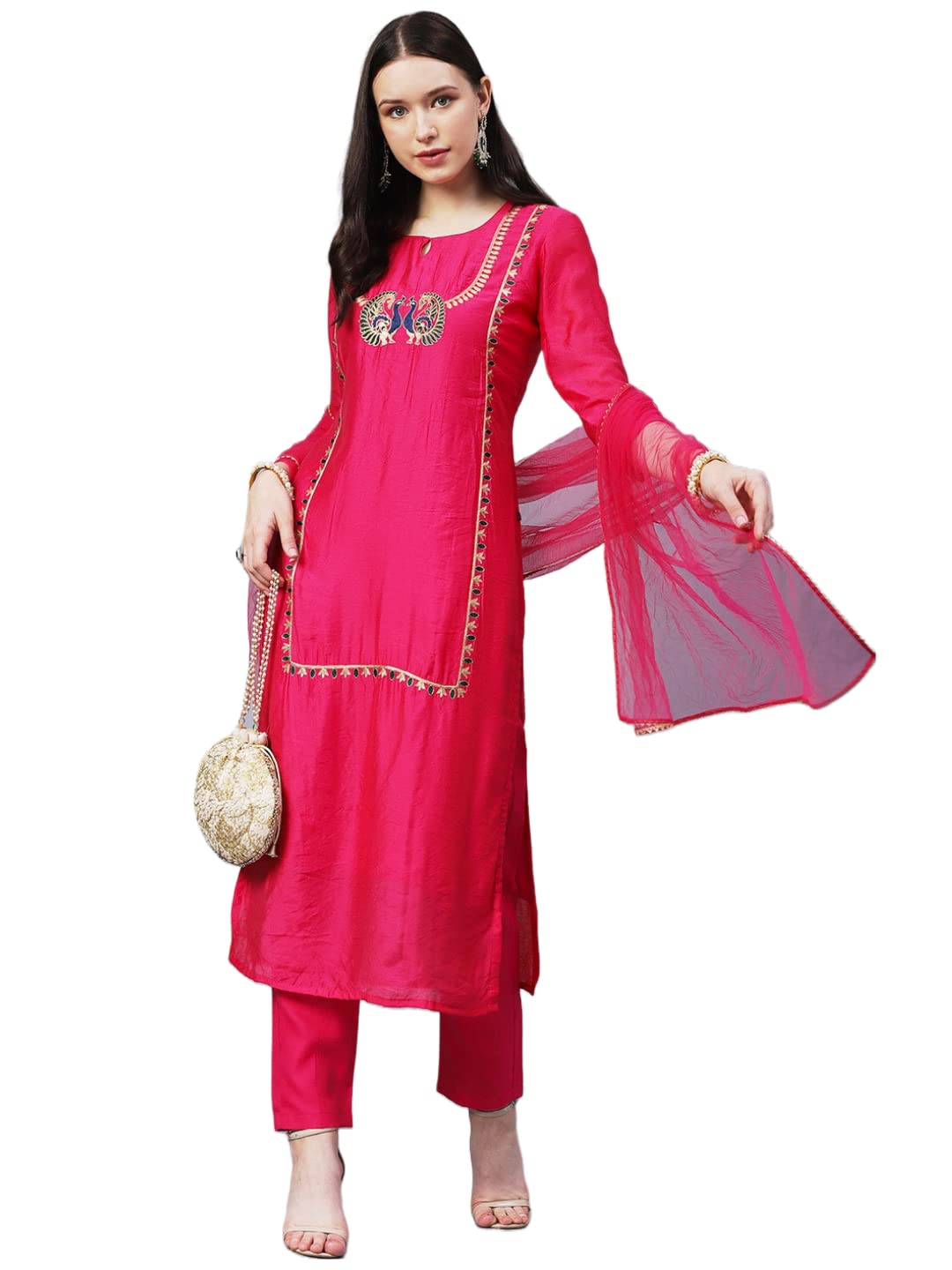 Gosriki Women'S Cotton Blend Embroidered Straight Kurta With Pants & Dupatta (Villa-Pink-Gs_M_Pink_Medium),Pink,,B0BR5WPBHM
