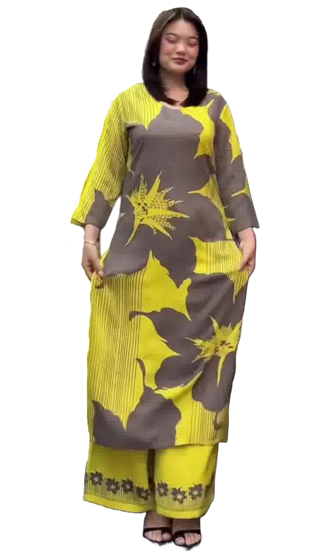 Anni Designer Women'S Rayon Blend Straight Printed Kurta With Palazzo (Nolaram Yellow_M_Yellow_Medium),Yellow,M