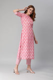 Anni Designer Women'S Cotton Blend Printed Straight Kurta With Pant (Funnu Pink_L_Pink_Large),Pink,L,Cotton Blend,Regular,Pants