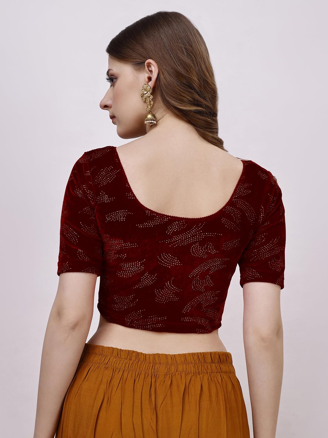 Vihu Fashion Women'S Readymade Hosiery Velvet Lycra Stretchable Round Neck Half Sleeve Blouse Fancy Maroon Color Lycra Stretchable Blouse For Women Readymade Saree Blouse Maroon L