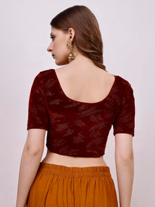 Vihu Fashion Women'S Readymade Hosiery Velvet Lycra Stretchable Round Neck Half Sleeve Blouse Fancy Maroon Color Lycra Stretchable Blouse For Women Readymade Saree Blouse Maroon L