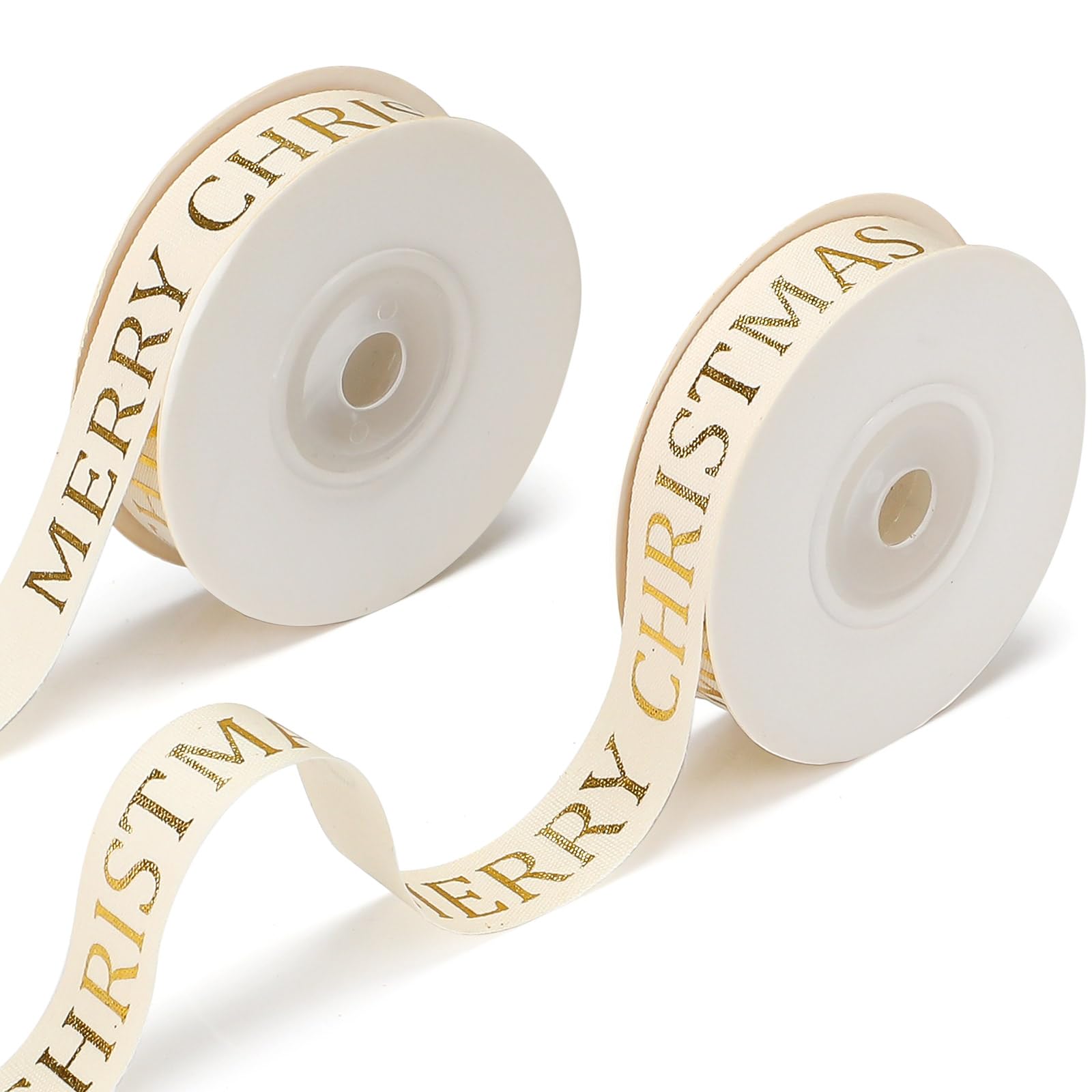 Daifunli Christmas Ribbon Bulk for Gift Wrapping 5/8 Glitter Gold Merry Christmas Cotton Ribbon Xmas Bows for Crafts Decorative 