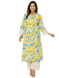 rytras Women's Cotton Printed A-Line Kurta with Pant Set(RYT563,Yellow,3XL)