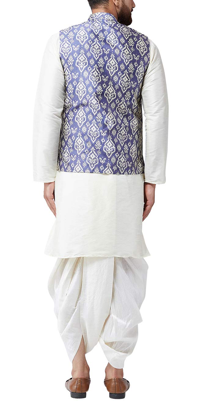 Sojanya (Since 1958, Mens Silk Blend Cream Kurta Dhoti & Blue Nehru Jacket Combo, Size: Xxl