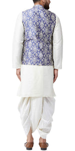 Sojanya (Since 1958, Mens Silk Blend Cream Kurta Dhoti & Blue Nehru Jacket Combo, Size: Xxl