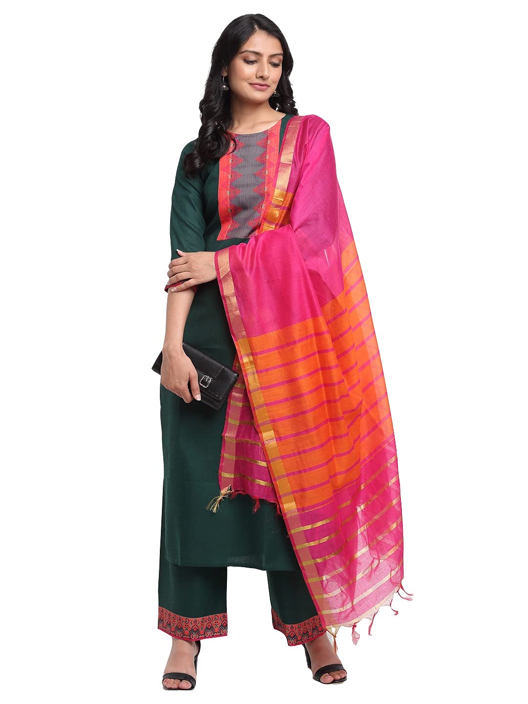 Anni Designer Women'S Cotton Printed Straight Kurta With Palazzo & Dupatta (Anupma Green_M_Green_Medium),Green,M