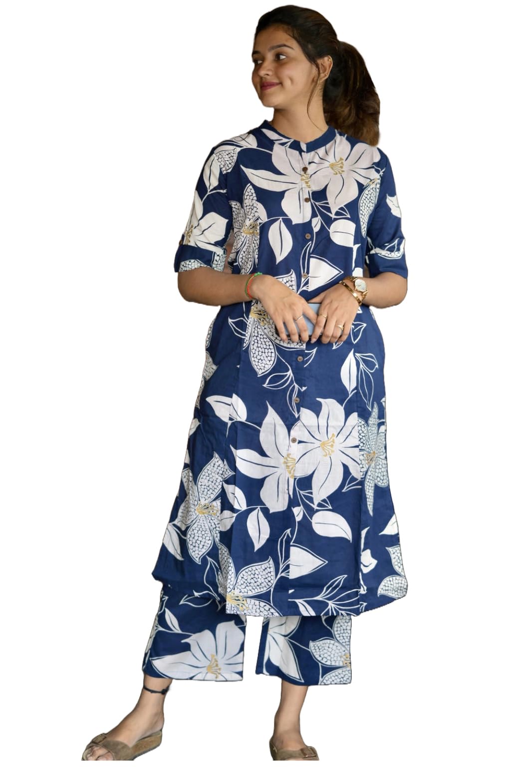 Anni Designer Women'S Rayon Viscose Straight Printed Kurta With Pant (Sunoni Blue_S_Blue_Small),Blue,S