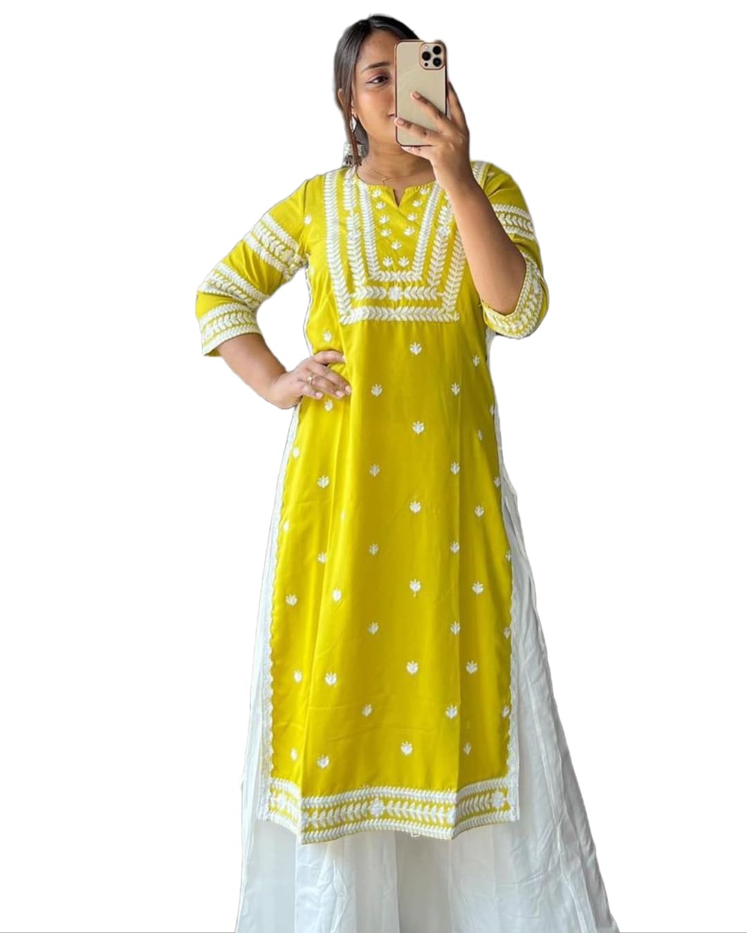 Gosriki Women'S Cotton Blend Chikankari Embroidered Straight Kurta (Stho-Yellow-Pac-Gs_L_Yellow_Large),Yellow,,B0CDCNXTY5