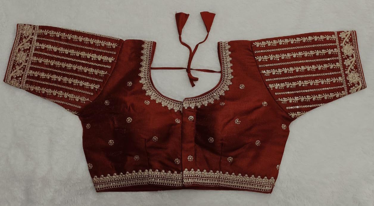 Vihu Fashion Women'S Readymade Blouse Embroidery Multi Coding Gold Thread Indian Ethnic Designer Stitched Readymade Saree Half Sleeve Maroon Blouse For Women For Saree Lehenga Choli Maroon 36