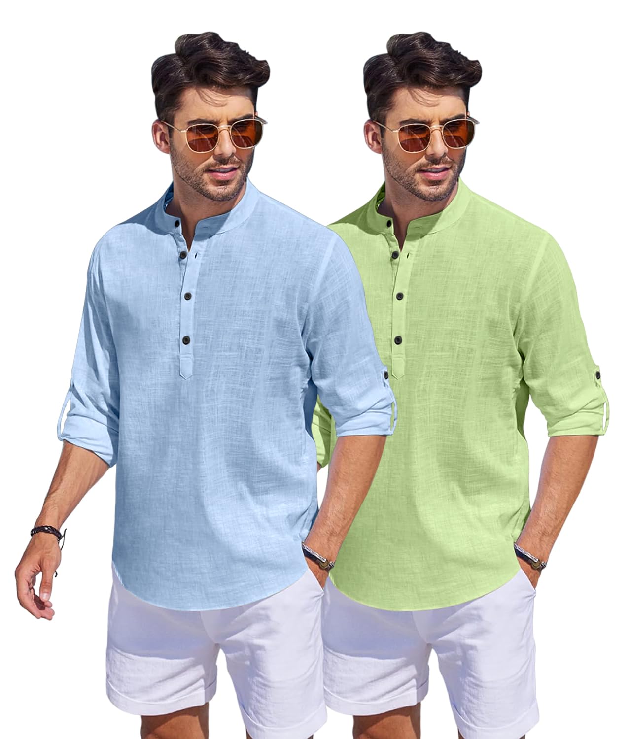 Bellstone Men'S Cotton Blend Solid Regular Fit Dress Shirt (Kurta1500_Combo_Sky & L Green_M Light