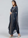 Anni Designer Women'S Cotton Blend Printed Straight Kurta With Pant & Dupatta (Radhu-Cerosin_Xl_Navy Blue_X-Large),Navy Blue,XL,Cotton Blend,Regular,