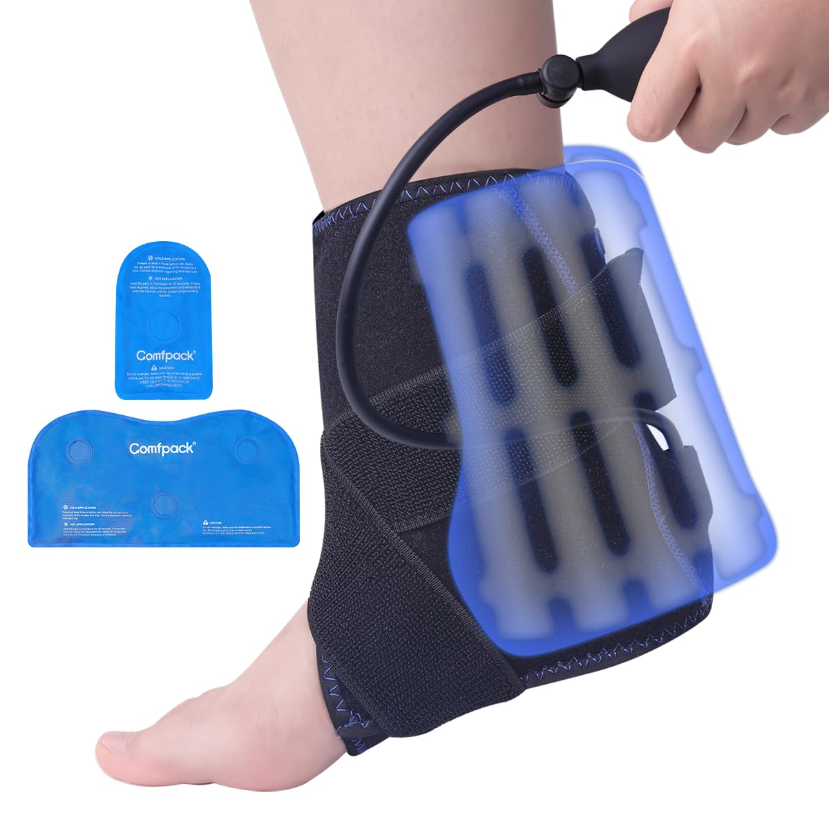 Comfpack Compression Ankle Ice Pack Wrap for Sprain & Fracture, Ankle Support Brace with 2 Cold Packs, Reusable Gel Cold Hot The