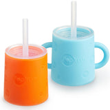 PopYum Silicone Training Cup with Straw + Lid 2-Pack for Baby, Infant and Toddler, Tumbler, Sippy, handles, 5 ounce (blue, orang