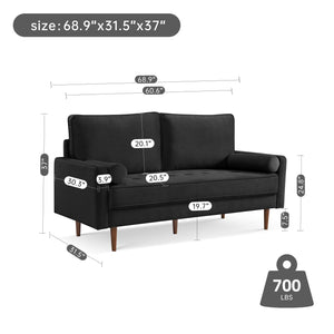American Furniture Classics Black 69 Inch Wide Upholstered Two Cushion Sofa With Bolster Pillows Velvet, 69' X 32' X 37'